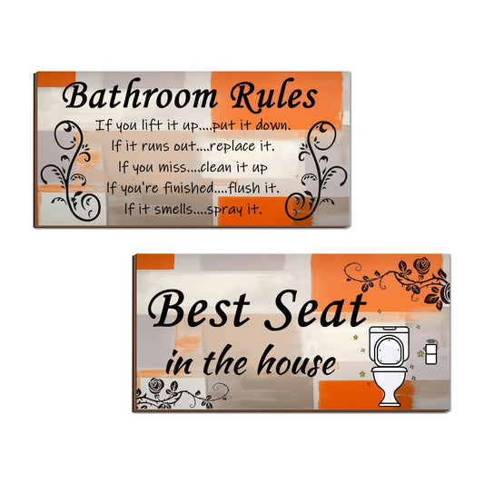 Lnond 2 Pieces Orange and Grey Bathroom Wall Decor, Abstract Wooden Hanging Bathroom Rules Wall Art, Farmhouse Toilet Rustic Bathroom Signs Decor Sets (12x 6 Inch)