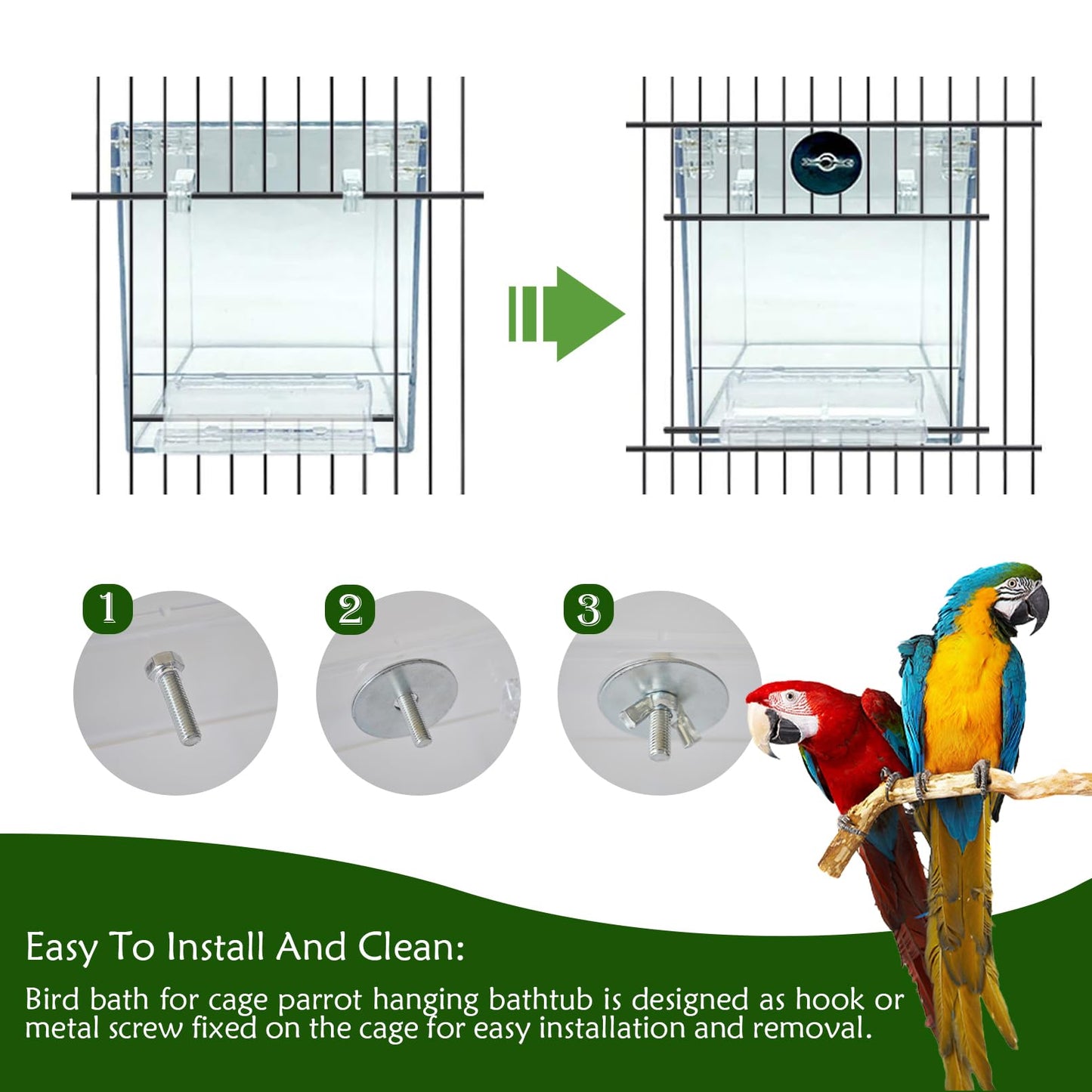 PINVNBY Bird Bath Box for Cage,Transparent Parakeet No-Leakage Bathtub Hanging Cube Tube Shower Box Cages Accessory with Water Injector and Balls Toys for Pet Birds Canary Parakeet Cockatoos (8 Pcs)