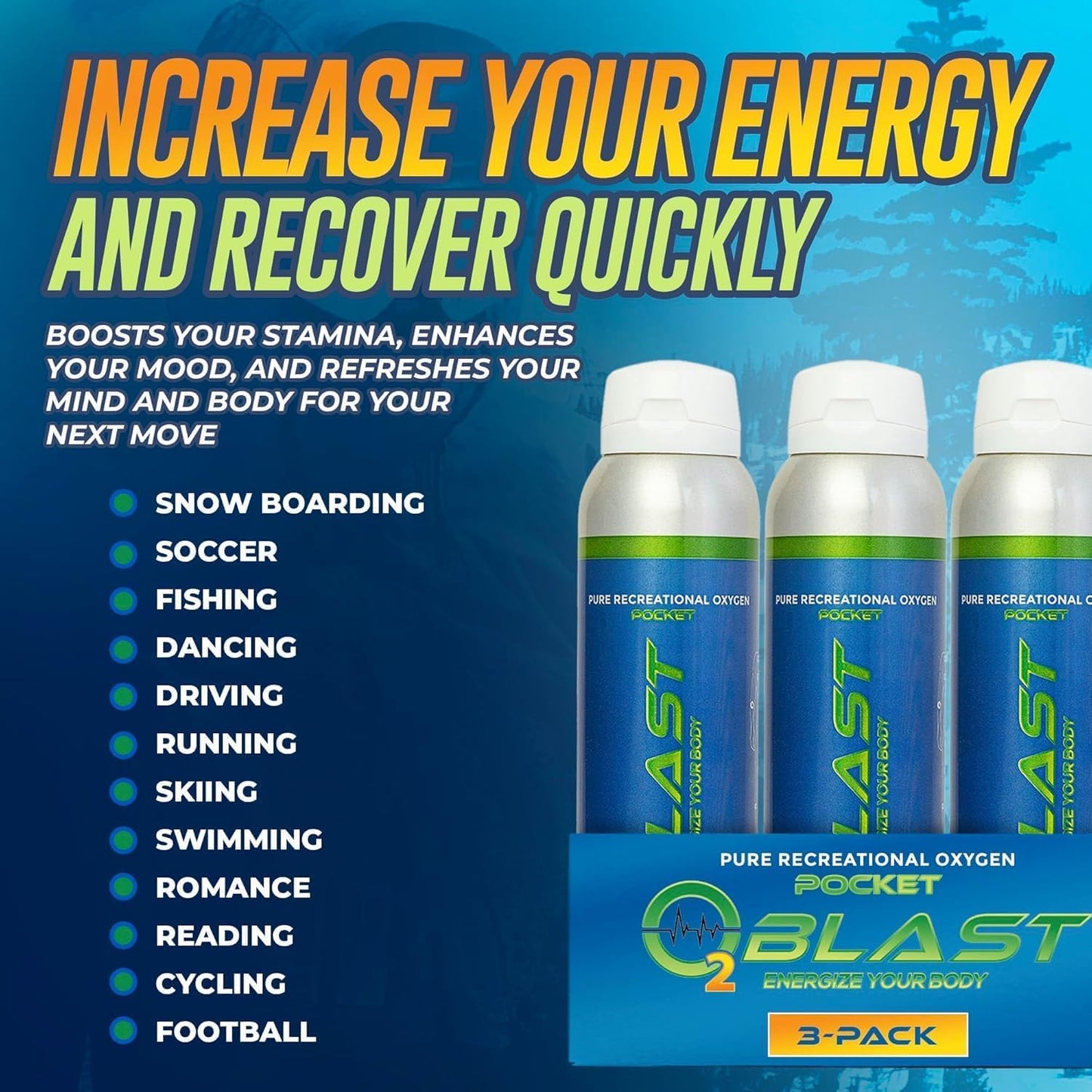 O2 Blast - Pure Oxygen Supplement - Filled with 99.99% Pure Oxygen to Support Fast Recovery, Increase Stamina & Enhance Focus for High Altitude and Action Sports, 4L Portable Can Flip-Top Cap, 3-Pack