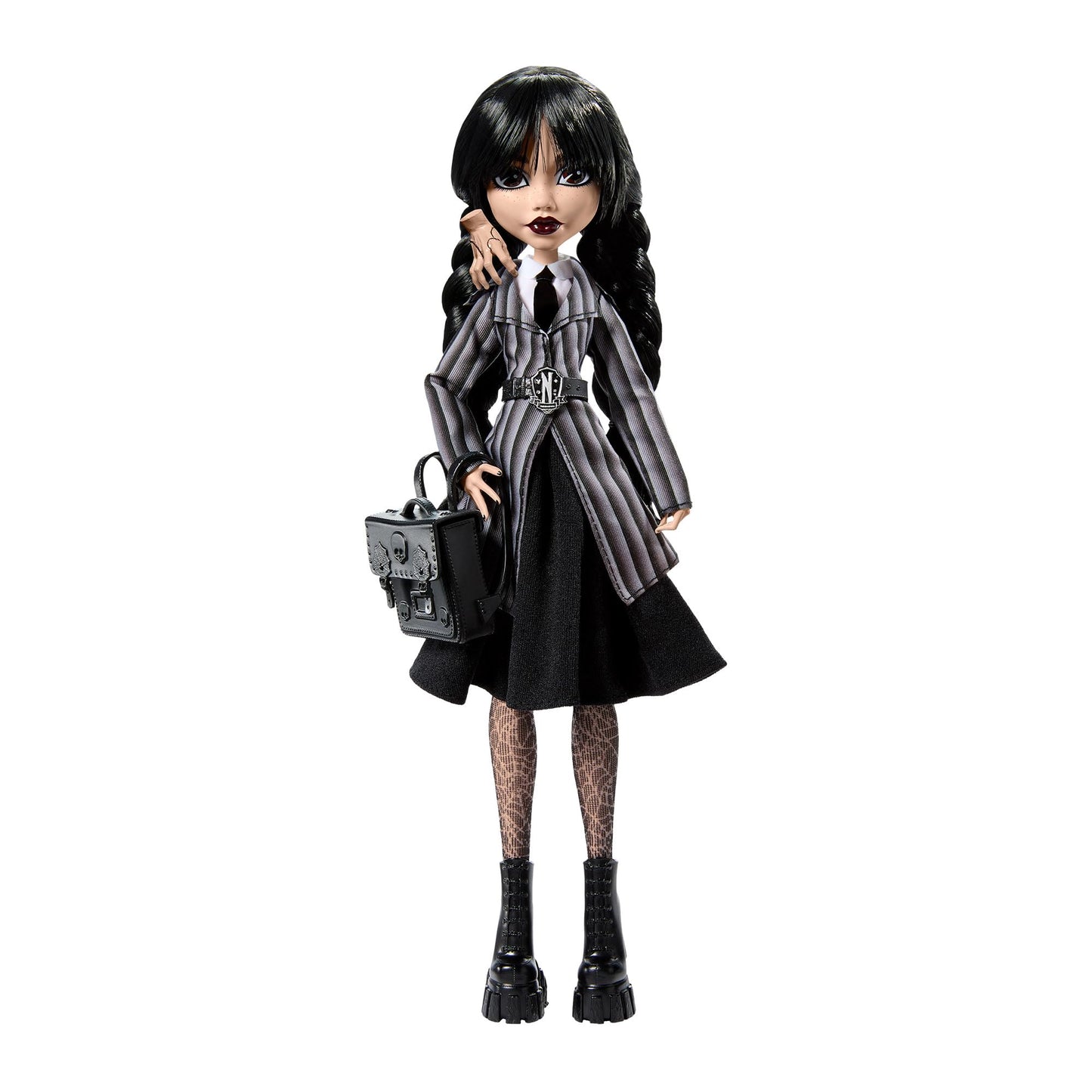 Monster High Wednesday Doll and Accessories, Wednesday Addams Collectible in Nevermore Academy Uniform with Thing and Backpack, Doll Stand
