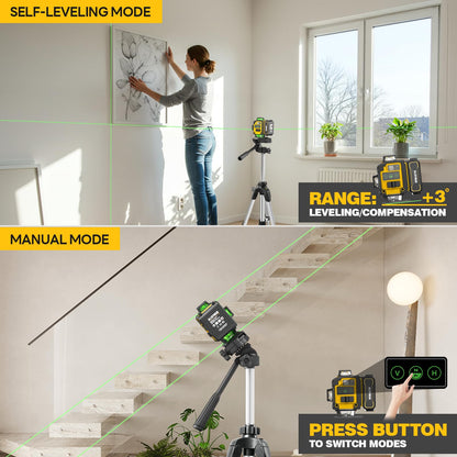Laser Level with Tripod,Alloyman 4x360° Self Leveling Laser Level,Green Line Laser 4D Laser Leveler Tool with 2Pcs Lithium Batteries for Picture Hanging, Tile, Home Renovation, Indoor