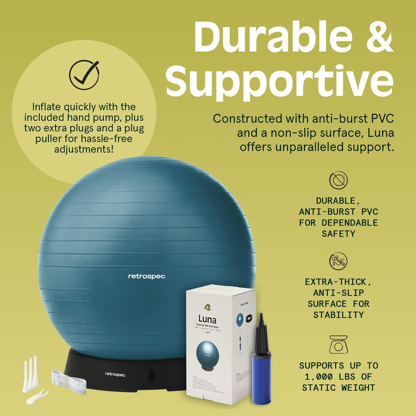 Retrospec Luna Exercise Ball with Pump - Anti-Burst Fitness Equipment for Yoga, Core Training & Stability - Home Gym Swiss Ball for Office & Pregnancy