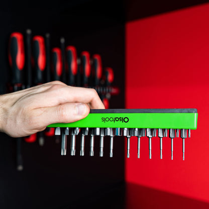 Olsa Tools Hex Bit Organizer with Magnetic Base - Green Holder for Drill, Tamper, and Specialty Bits - Compact Magnetic Storage Solution - Part 1140
