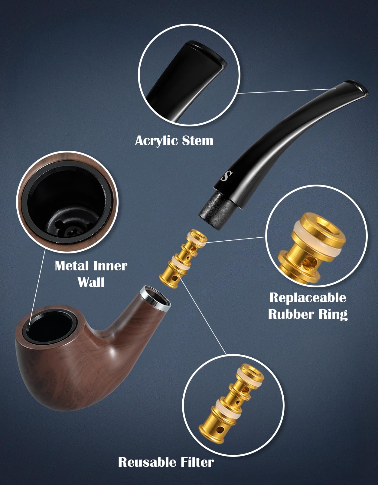 Joyoldelf Tobacco Pipe Set, Short Handle Curved Smoking Pipe with Foldable Pipe Stand Holder, Pipe Starter Kit for Beginner with Gift Box and Accessories