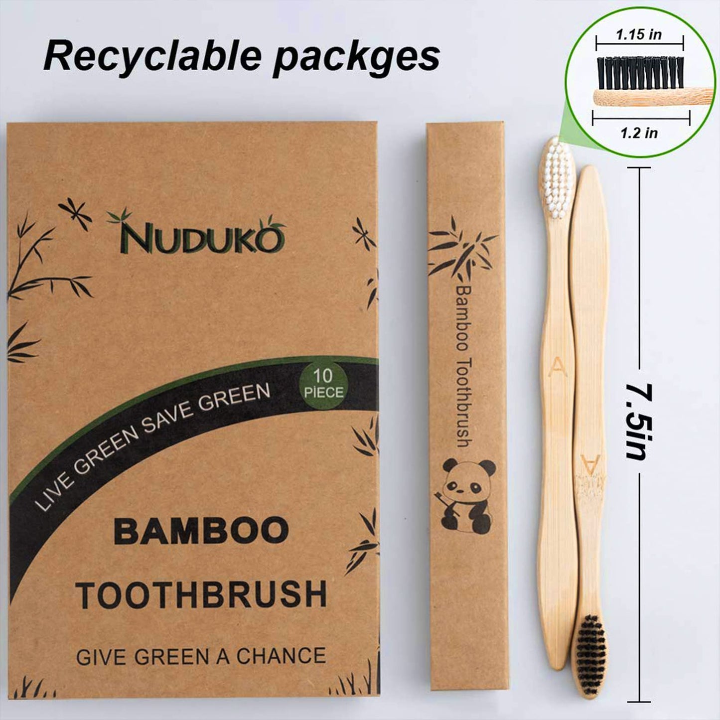 NUDUKO Biodegradable Bamboo Toothbrushes, 10 Piece BPA Free Soft Bristles Toothbrushes, Natural, Eco-Friendly, Green and Compostable