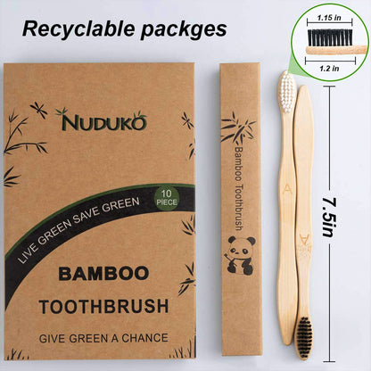 NUDUKO Biodegradable Bamboo Toothbrushes, 10 Piece BPA Free Soft Bristles Toothbrushes, Natural, Eco-Friendly, Green and Compostable