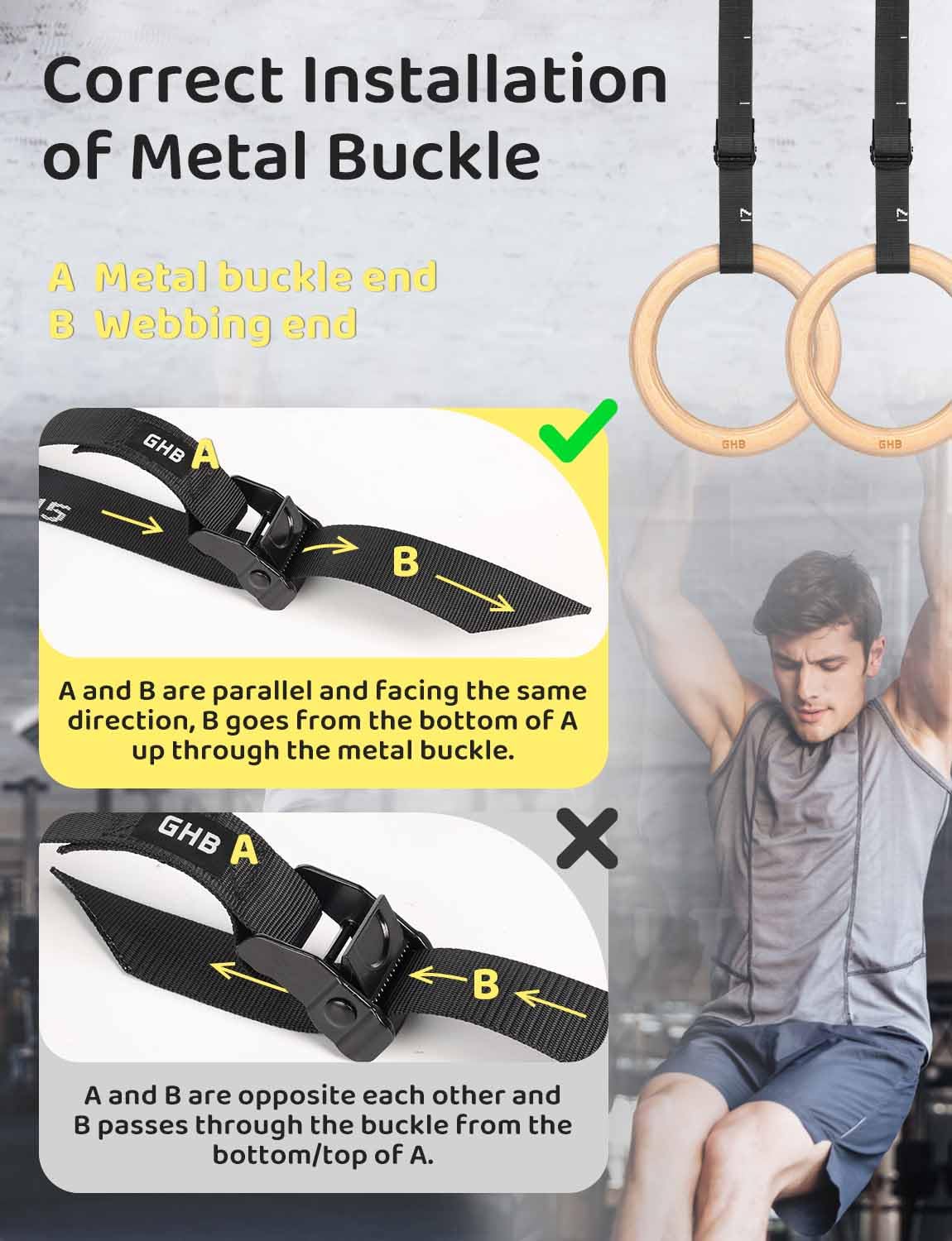 GHB Gymnastic Rings Wooden Gym Rings 1.25" Olympic Rings Adjustable Straps Pull Up Rings Sets for Workout Bodyweight Fitness Training