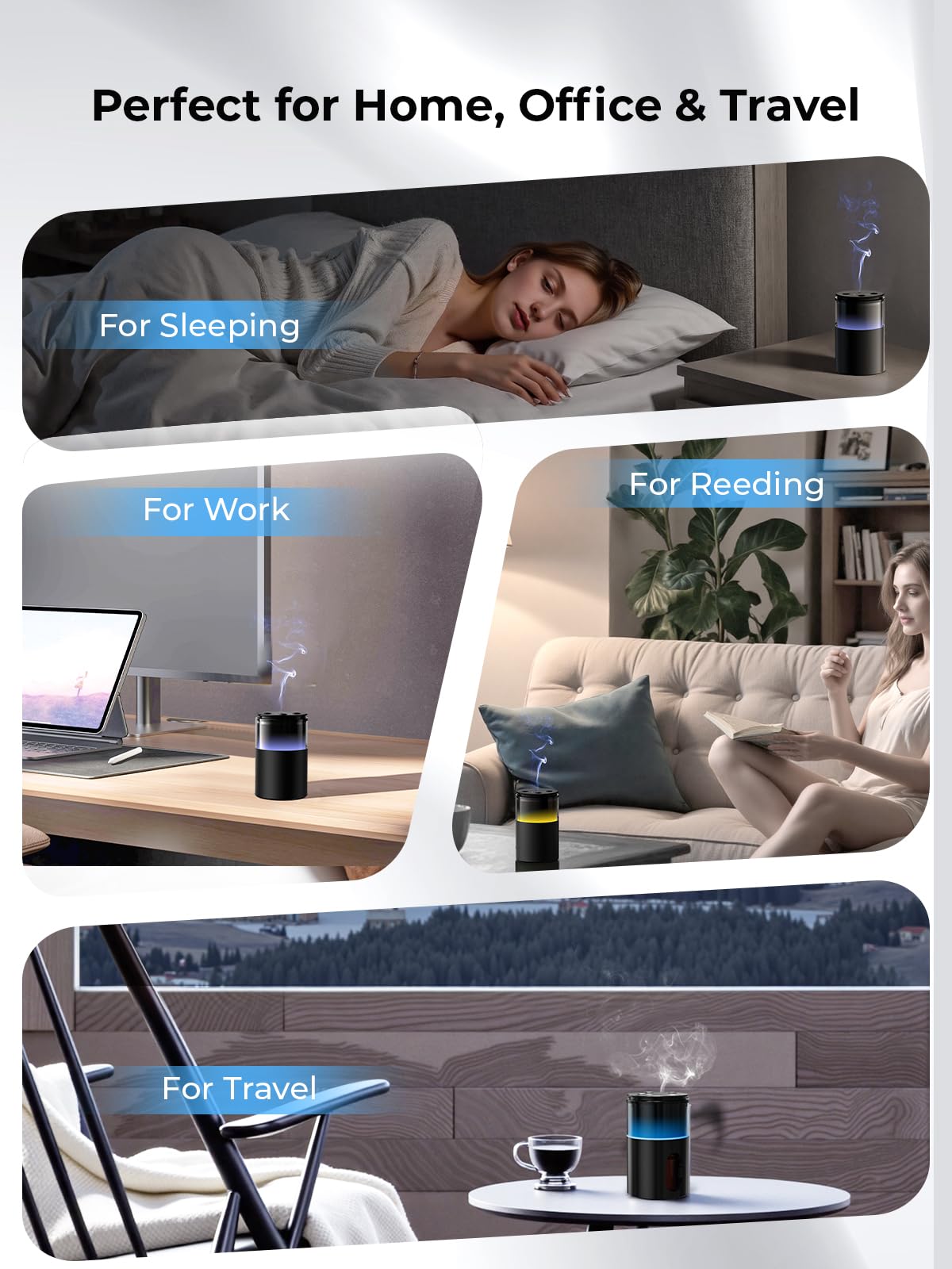 Pmsusoow Waterless Essential Oil Diffuser: Battery Mini Scent Diffusers for Home&Car with 8 Color LED Night Light — Cool Mist Aroma Machine Deep Black