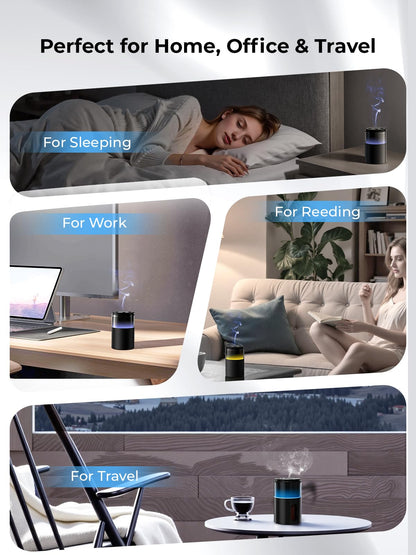 Pmsusoow Waterless Essential Oil Diffuser: Battery Mini Scent Diffusers for Home&Car with 8 Color LED Night Light — Cool Mist Aroma Machine Deep Black