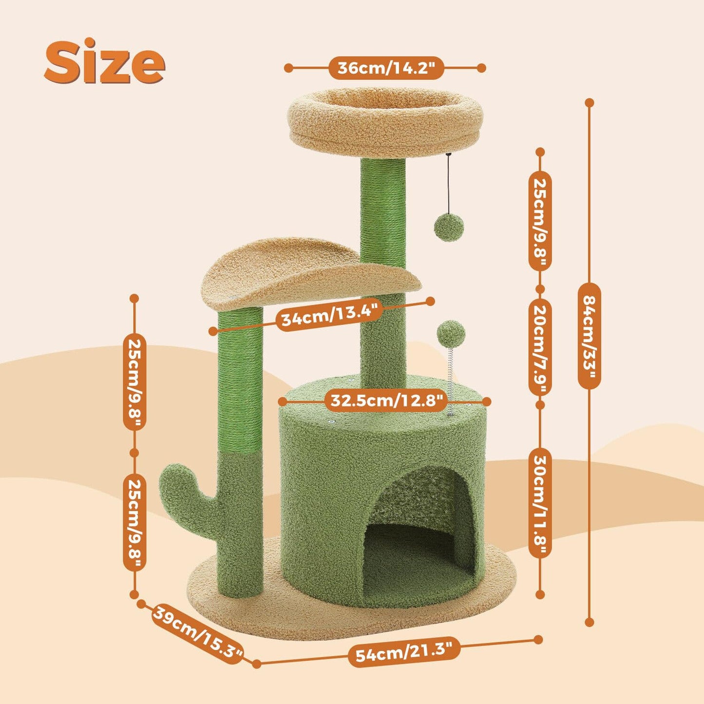 PAWZ Road Cactus Cat Tree Small Cat Tower 32” Cat Scratching Post with Curved Perch, Cozy Cat Condo, Removable Padded Top Bed for Kittens and Indoor Cats-Green