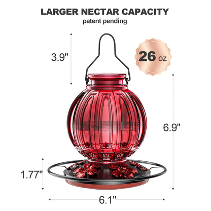 Glass Hummingbird Feeder for Outdoors Hanging, 26Oz Bird Nectar Feeder with Perch & 5 Flower Feeding Ports, Leak Proof for Outside Garden Decor Backyard, Gifts for Women Mom, Red