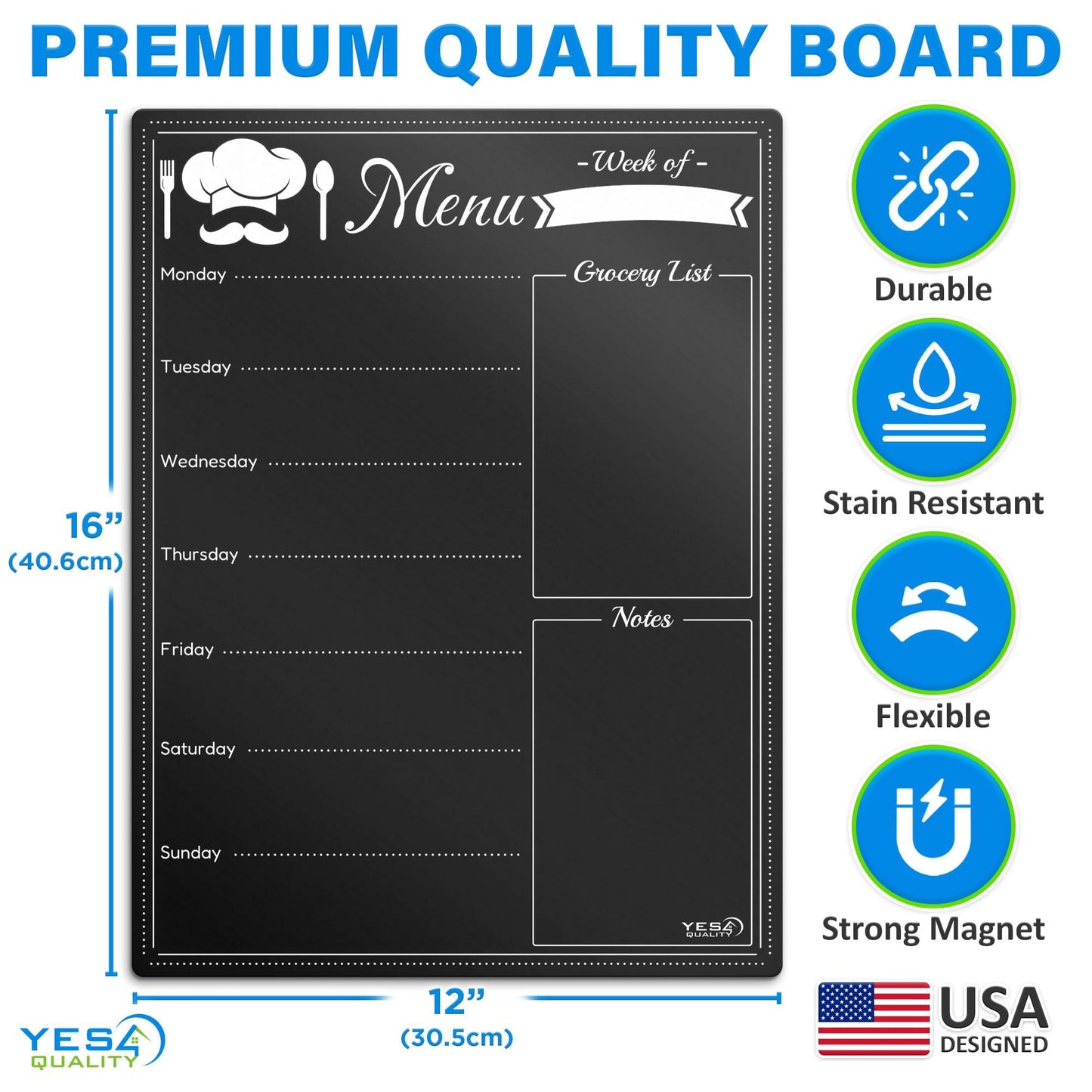 Magnetic Dry Erase Menu Board for Fridge (16x12) - Weekly Meal Planner Blackboard w/ 4 Magnetic Chalk Markers & Wiping Cloth - Chalkboard Organizer for Dinner Menus & Grocery Lists by Yes4Quality