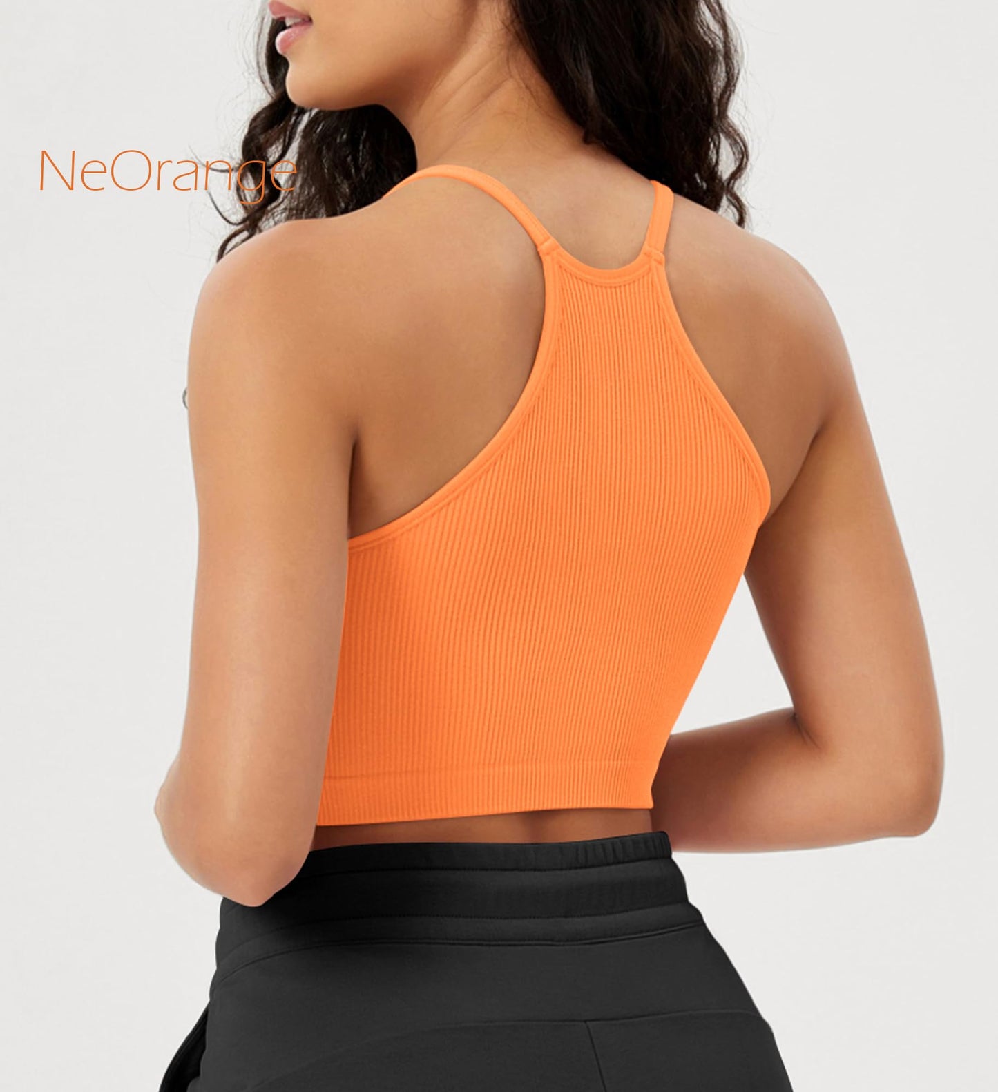 ODODOS Women's Crop 3-Pack Seamless Rib-Knit Camisole Crop Tank Tops, Neon Pink Green Orange, Medium/Large