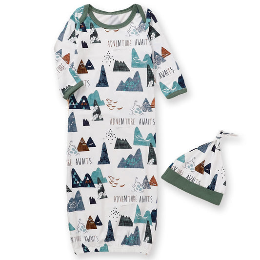 AMAWMW Newborn Baby Boys Girls Cartoon Sleeper Gown Long Sleeve Mountain Nightgown Hat Outfits (Cartoon Mountain, 0-6 Months)