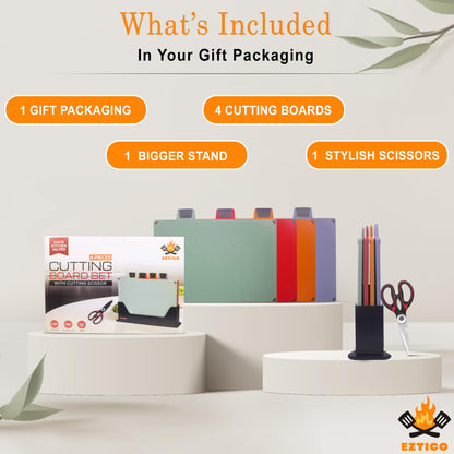 EZTICO 4-Piece Non-Toxic Cutting Board Set with Premium Scissors – BPA-Free Plastic and Rubber Chopping Boards for Kitchen Essentials with Organizer, Dishwasher Safe Accessories Holder.