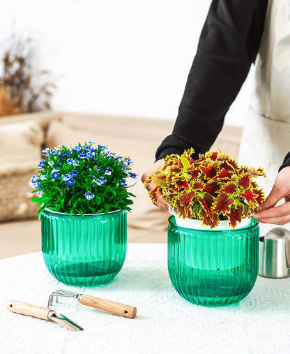 Melphoe 2 Pack Self Watering Hanging Planters Indoor Flower Pots, 6.5 Inch Outdoor Hanging Basket, Plant Hanger with 3Hooks Drainage Holes for Garden Home (Emerald)