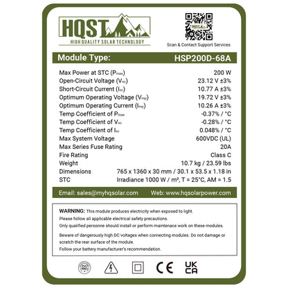 HQST 200 Watt Solar Panel, 9BB Monocrystalline Solar Panels with 25% Efficiency, Grade A+ Cells, IP65 Rating for RV, Camper Van, Trailer, Marine, Home Rooftop, Off Grid