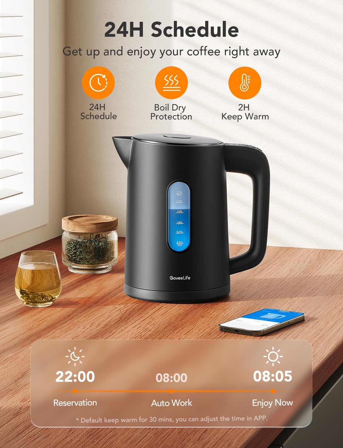 GoveeLife Smart Kettle Temperature Control 1.7L, 1500w WiFi Tea Kettle Electric with LED Indicator Lights, Remotely Control, 2H Keep Warm, 4 Presets Hot Water Boiler for Tea & Coffee & DIY