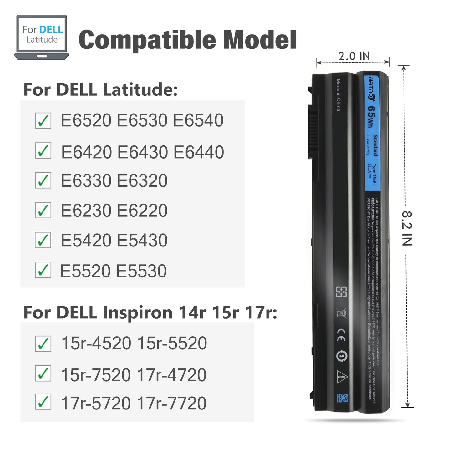 NATNO T54FJ 8858x Laptop Battery for Dell Latitude E6420 E6430 E6440 E6520 E6530 E6540 E5520 E5530 E5420 E5430, Inspiron 17r-7720 17r-se-7720 17r-5720 15r-5520 15r-7520 [65Wh 11.1V 6 Cell]