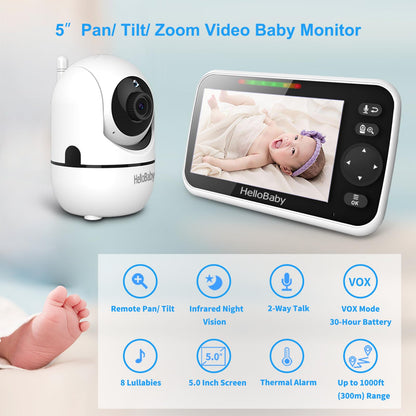 HelloBaby No WiFi Baby Monitor 5" Screen 30-Hour Battery Pan-Tilt-Zoom Video Upgrade with Camera and Audio, Night Vision, VOX, 2-Way Talk, 8 Lullabies and 1000ft Range, HB6550
