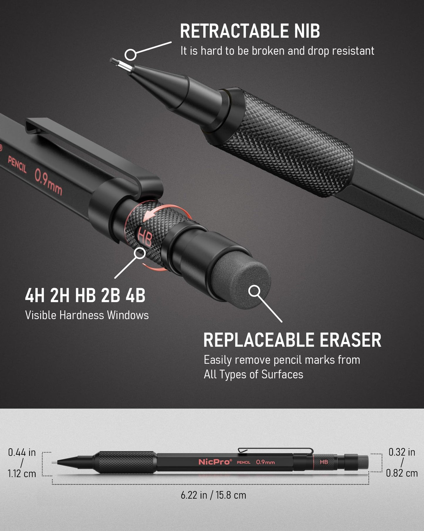 Nicpro 0.9 Metal Mechanical Pencil Set with Case, 3PCS Hevey Duty MP2000 Lead Pencil With 6 Tube HB Lead Refills 0.9mm, Erasers, Weatherproof Barrel for Outdoor Writing Drafting Drawing Sketching