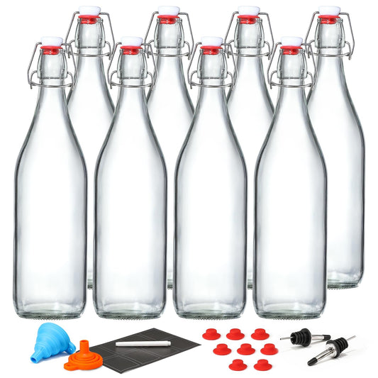 8 Pack [1 L / 33 fl. oz.] Swing Top Glass Bottles w/Airtight Stopper Lids – Flip Top Brewing Bottle for Fermentation, Kombucha, Mead, Vinegar, Beer, Kefir, Wine, Soda – With 8 Extra Seals & 2 Pourers