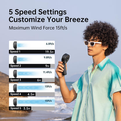 JISULIFE Handheld Fan Life7 – Ultimate Flexibility: High-Power Motor, LED Display, 19.5 Hrs Cooling, 5000mAh Rechargeable, 5-Speed, Foldable Design, 3-IN-1 Portable Fan for Travel Cruise Beach(Black)