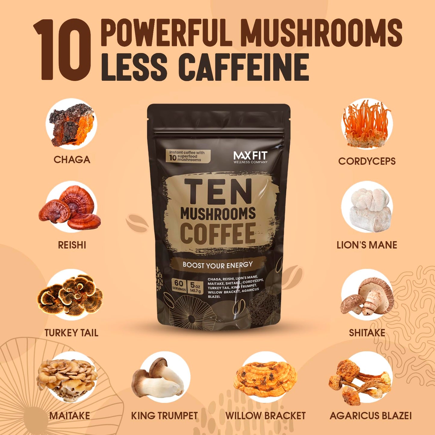 Mushroom Coffee (60 Servings) 10 Mushrooms (Lion’s Mane, Cordyceps, Turkey Tail & Other) Mixed With Gourmet Arabica Instant Immune Boosting Coffee for Focus & Gut Health Support