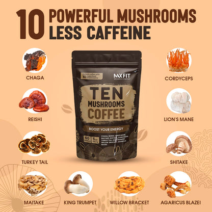 Mushroom Coffee (60 Servings) 10 Mushrooms (Lion’s Mane, Cordyceps, Turkey Tail & Other) Mixed With Gourmet Arabica Instant Immune Boosting Coffee for Focus & Gut Health Support