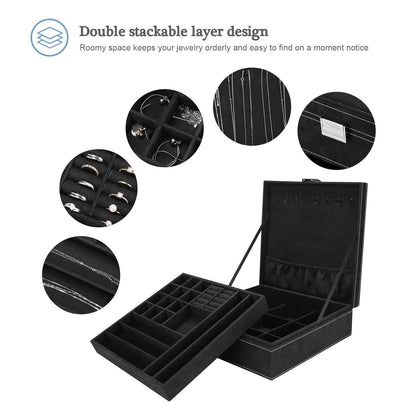 ProCase Velvet Jewelry Box Organizer for Women Father's Day, 2 Layer Jewelry Display Storage Holder Case for Necklace Earrings Bracelets Rings -Black