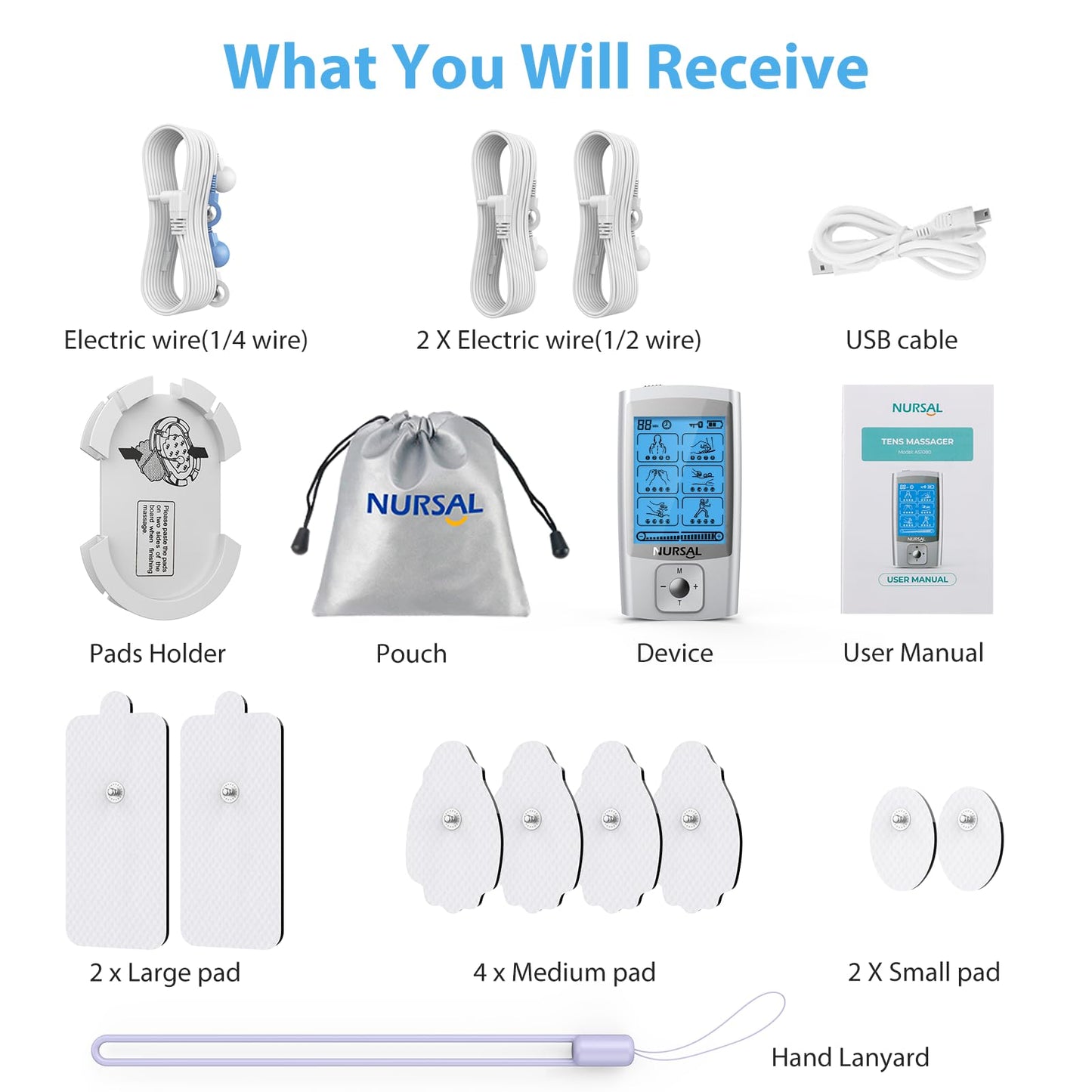 NURSAL 24 Modes TENS Unit Muscle Stimulator with Continuous Stimulation, Rechargeable Electronic Pulse Massager with 8 Pads for Back and Shoulder Pain Relief and Muscle Strength (Silver)