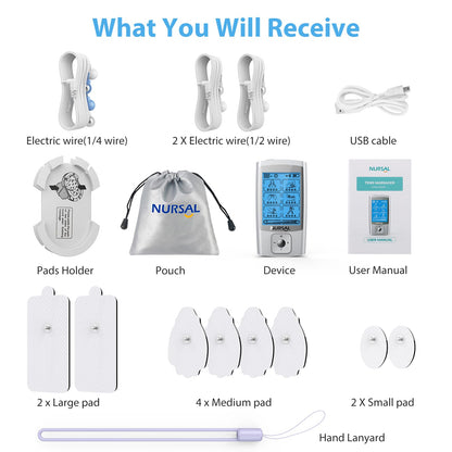 NURSAL 24 Modes TENS Unit Muscle Stimulator with Continuous Stimulation, Rechargeable Electronic Pulse Massager with 8 Pads for Back and Shoulder Pain Relief and Muscle Strength (Silver)