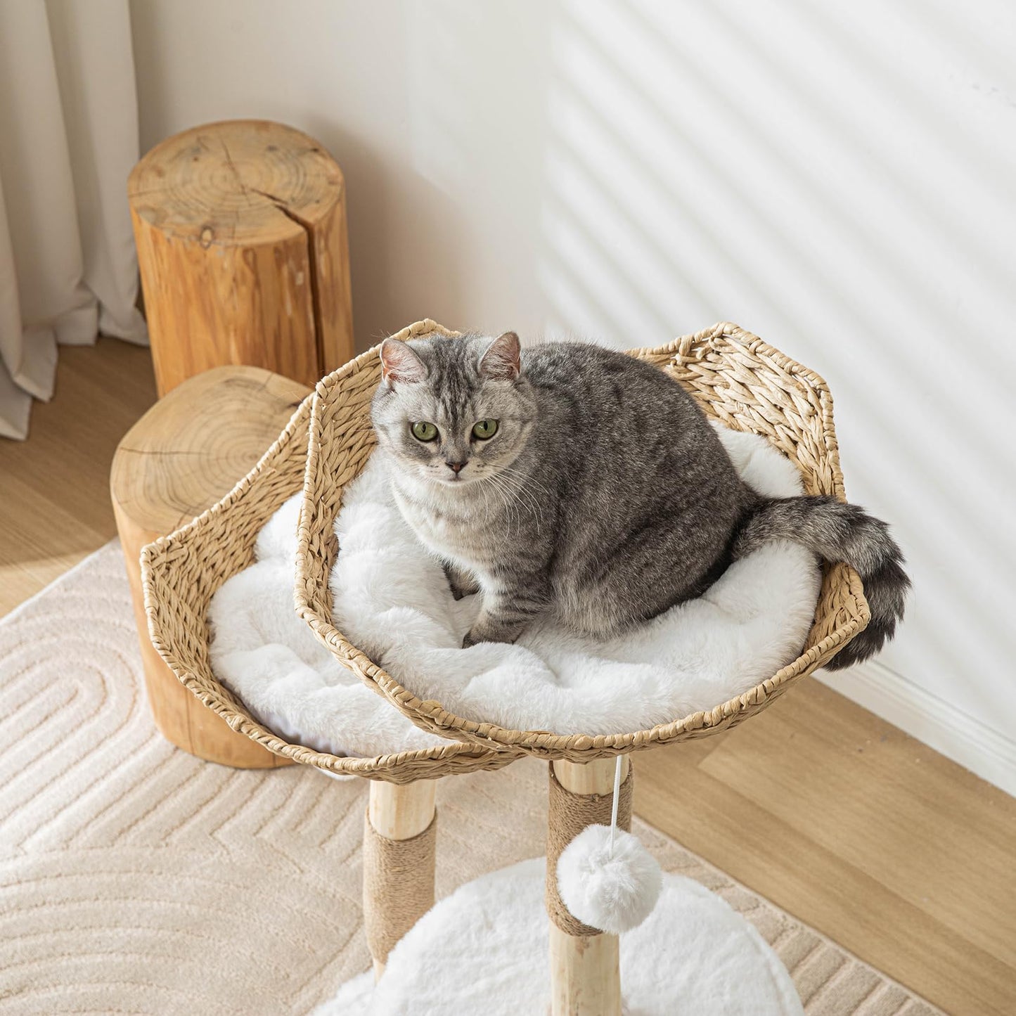 Pisarry Cat Tree Tower, 46 inch Modern Cat Tree for Indoor Cats Large Adult, Luxury Cat Condo with Scratching Post, Real Solid Wood Branch Indoor Boho Furniture, Climbing Tower, White