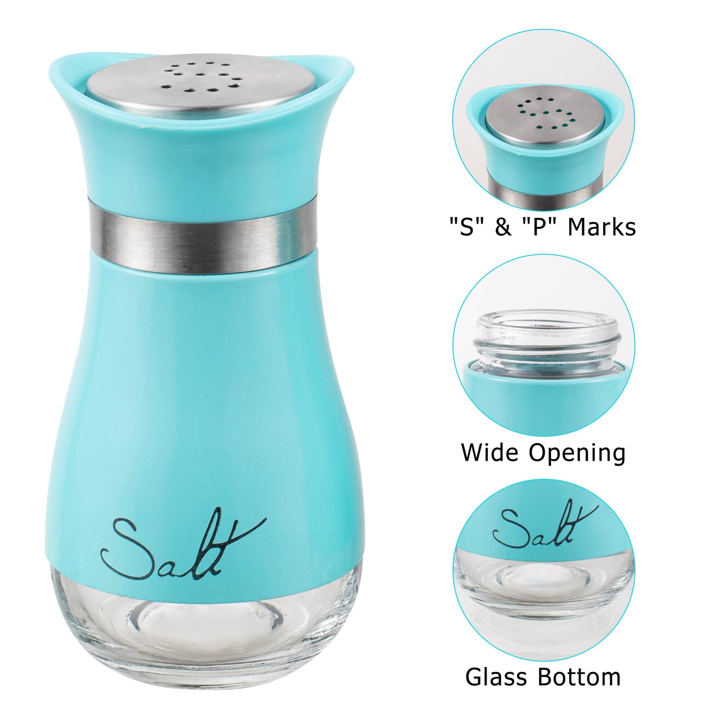 Lonffery Salt and Pepper Shakers, Stainless Steel and Glass Bottle, Set of 2, Turquoise