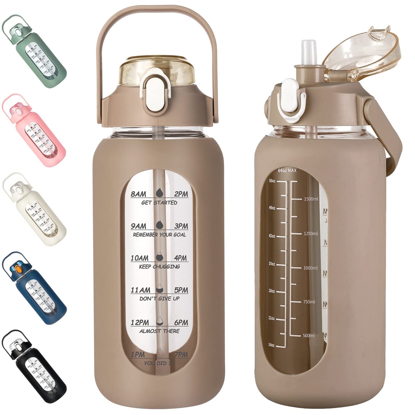 kytffu 64oz Glass Water Bottles with Straw, Half Gallon Motivational Glass Bottle with Silicone Sleeve and Time Marker, 2L Leakproof Large Glass Water Jug for Gym Home Office,Amber