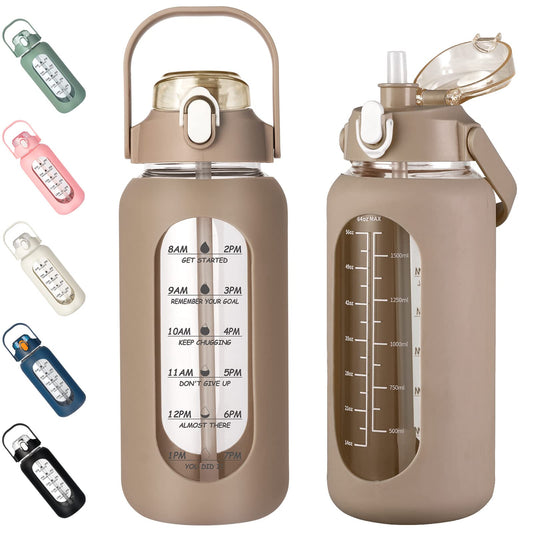 kytffu 64oz Glass Water Bottles with Straw, Half Gallon Motivational Glass Bottle with Silicone Sleeve and Time Marker, 2L Leakproof Large Glass Water Jug for Gym Home Office,Amber