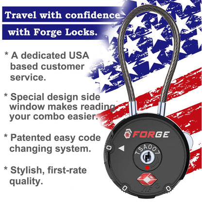 Forge Quality TSA Approved Luggage Locks for Travel Accessories, Suitcase, Pelican case, Ammo Boxes, Set Your own Combination, Zinc Alloy Body-Cable Black 4 Locks
