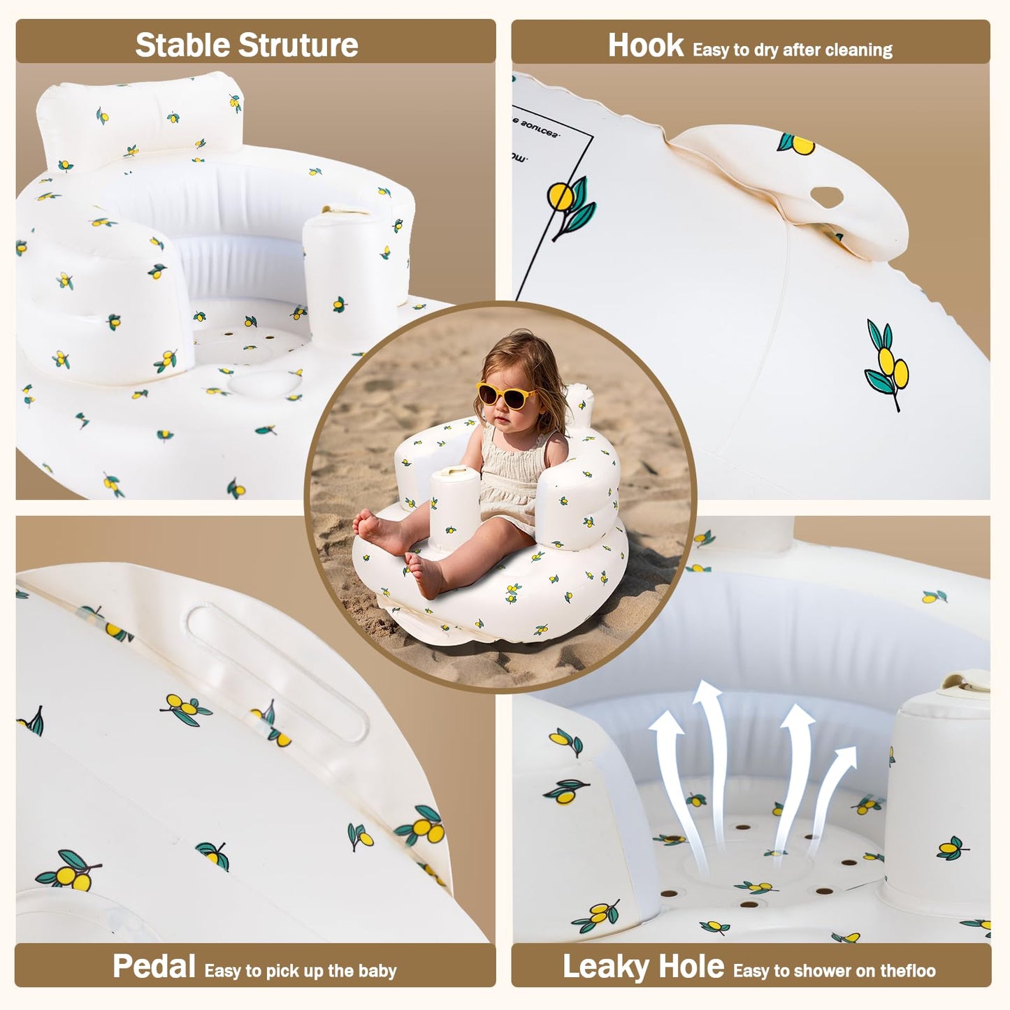 Inflatable Baby Chair, AirSwim Baby Inflatable Seat for Babies 3 Months and Up Summer Inflatable Baby Seat for Sitting Up, Blow Up Baby Floor Seat with Built in Air Pump, Orange