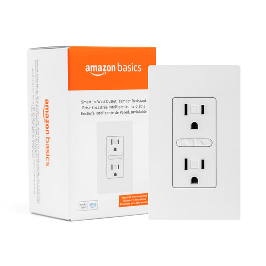 Amazon Basics Smart In-Wall Outlet, Works with Alexa Only, 2.4 GHz Wi-Fi, No Hub Required, White