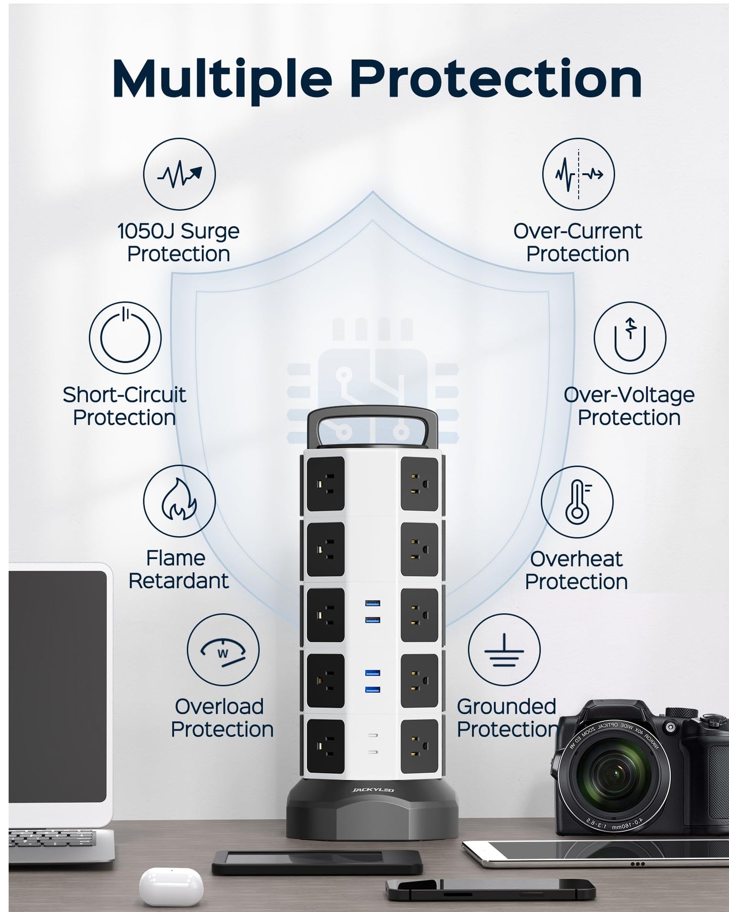 Power Strip Tower Surge Protector, JACKYLED 20 Outlets 6 USB (2 USB C) Charging Station, Extension Cord with Multiple Outlets, 1050J 1625W/13A Outlet Extender 6.5ft Extension Cord for Home Office