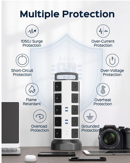 Power Strip Tower Surge Protector, JACKYLED 20 Outlets 6 USB (2 USB C) Charging Station, Extension Cord with Multiple Outlets, 1050J 1625W/13A Outlet Extender 6.5ft Extension Cord for Home Office