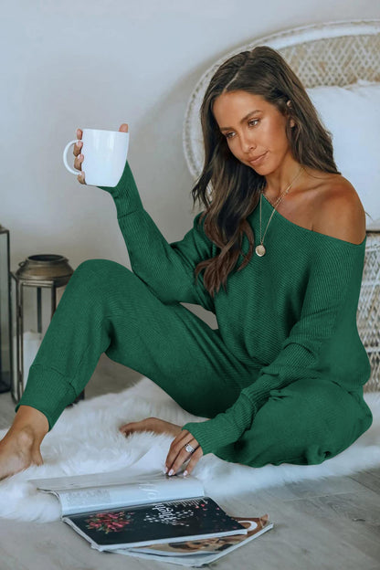 PRETTYGARDEN Two Piece Sets for Women Fall 2025 Ribbed Knit Off Shoulder Tops Lounge Pants Tracksuit Fashion Clothing (Green,Medium)