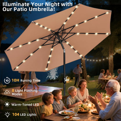 10ft Patio Umbrella, Table Market Umbrella Outdoor Patio with 104 LED Lights 8 Sturdy Ribs & Push Button Tilt and Crank for Deck, Pool, Garden, Backyard