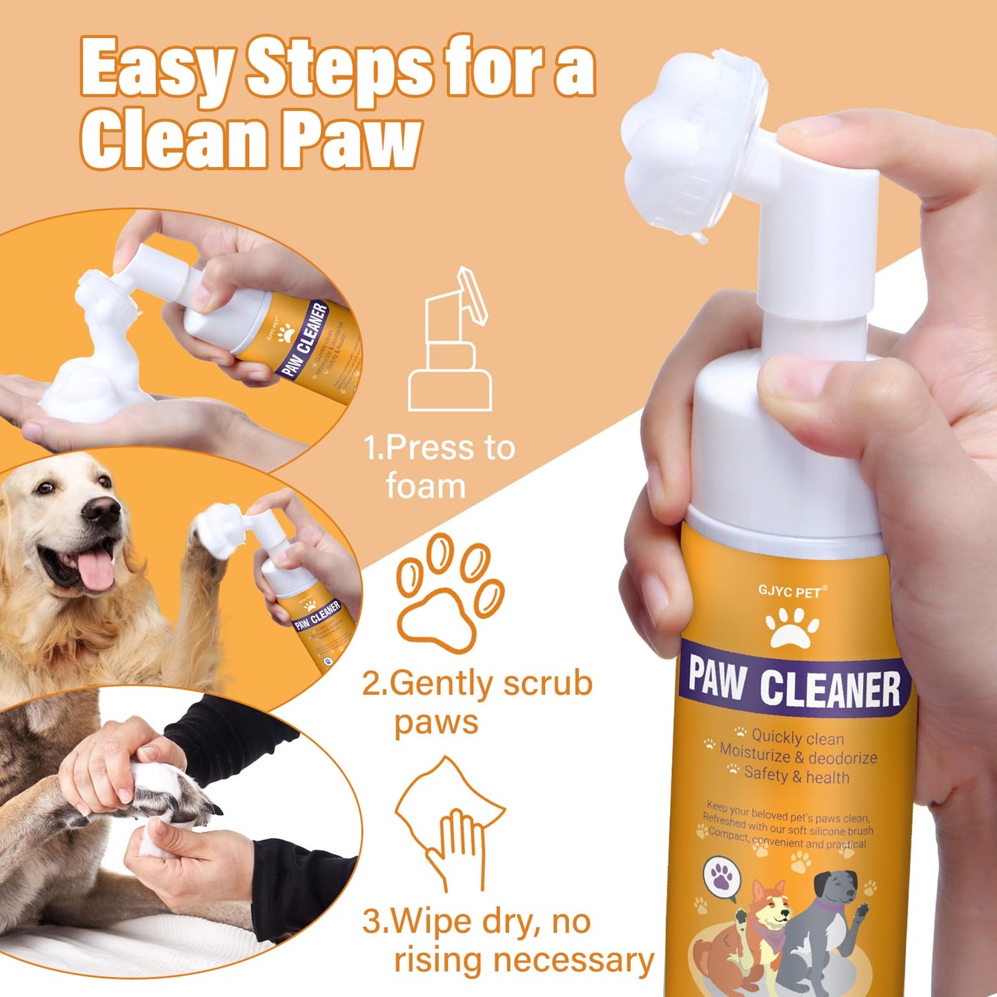 Paw Cleaner for Dogs & Cats, No-Rinse Foaming Pet Foot Washer with Built-in Scrubber Brush for Dirty, Muddy Paws – Suitable for Small, Medium & Large Dogs, Puppies, Kittens (5 fl oz)