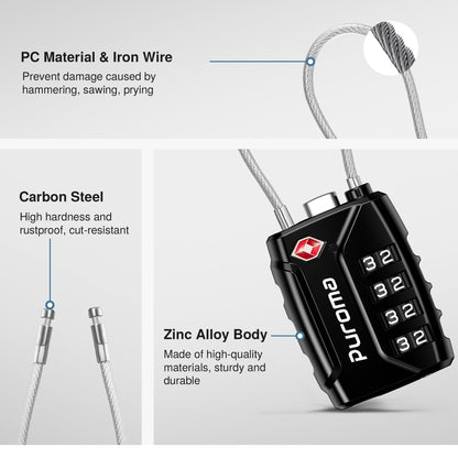 Puroma 2 Pack TSA Approved Luggage Locks, 4 Digit Combination Travel Locks Resettable Code Lock with Zinc Alloy Body for Suitcase, Toolbox, Backpack, Bag, Gym Locker (Black)