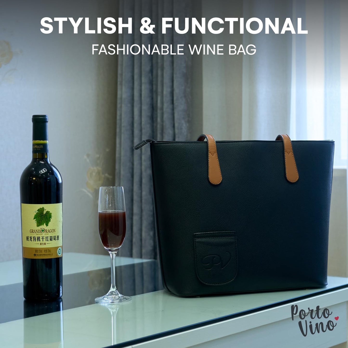 PortoVino Classic Tote Bag - Vegan Leather Wine Purse with Hidden Spout and Dispenser Flask for Wine Lovers that Holds and Pours 2 Bottles! For Traveling, Concerts, Bachelorette Party - Black