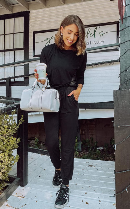 PRETTYGARDEN Women Fall 2 Piece Lounge Outfit Long Sleeve Tops High Waisted Jogger Pants Set Spring Travel Clothes Tracksuit (Black,Small)