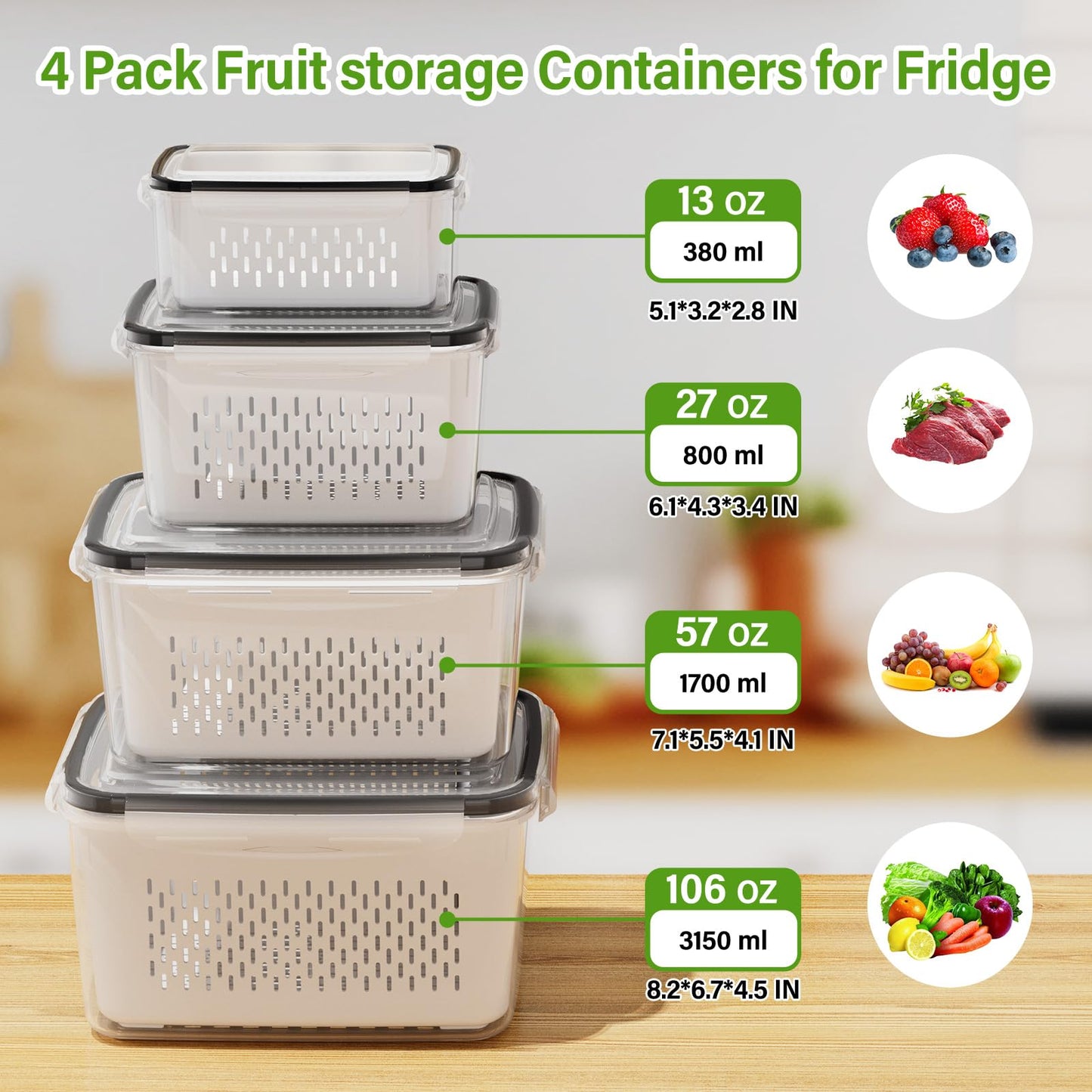 4 PCS Fruit Storage Containers for Fridge, Produce Containers for Fridge with Removable Colander, All-In-One Fruit Washing Bowl with Strainer Microwave/Dishwasher Safe for Salad Berry Lettuce Keeper