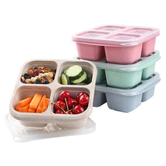 Lvcksturoge 4 Pack Snack Containers, 4 Compartments Bento Snack Box, Reusable Meal Prep Lunch Containers for Kids Adults, Divided Food Storage Containers for School Work Travel