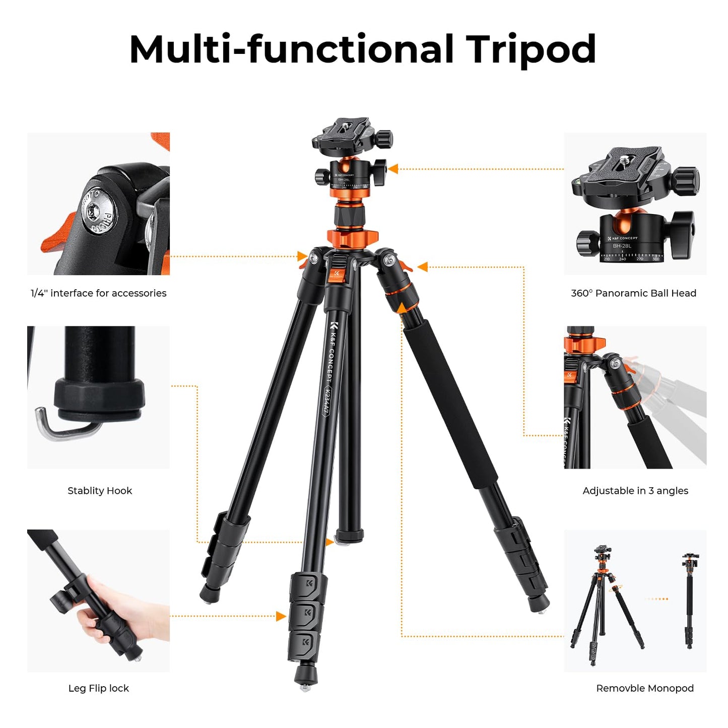 K&F Concept 78 inch Camera Tripod for DSLR Compact Aluminum Tripod with 360 Degree Ball Head and 10KG Load for Travel and Work K234A7+BH-28L (S210)